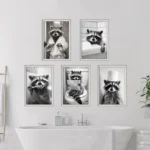 Cute Raccoon Sitting on Toilet Brushing Teeth & Paper on Head Painting Canvas Painting Fun Toilet Canvas Pictures Bathroom Decor