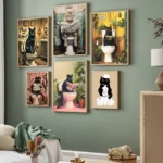 Funny Black Cat On The Toilet Reading Poster Animal Bath Prints Canvas Painting Wall Art Pictures for Toilet WC Bathroom Decor